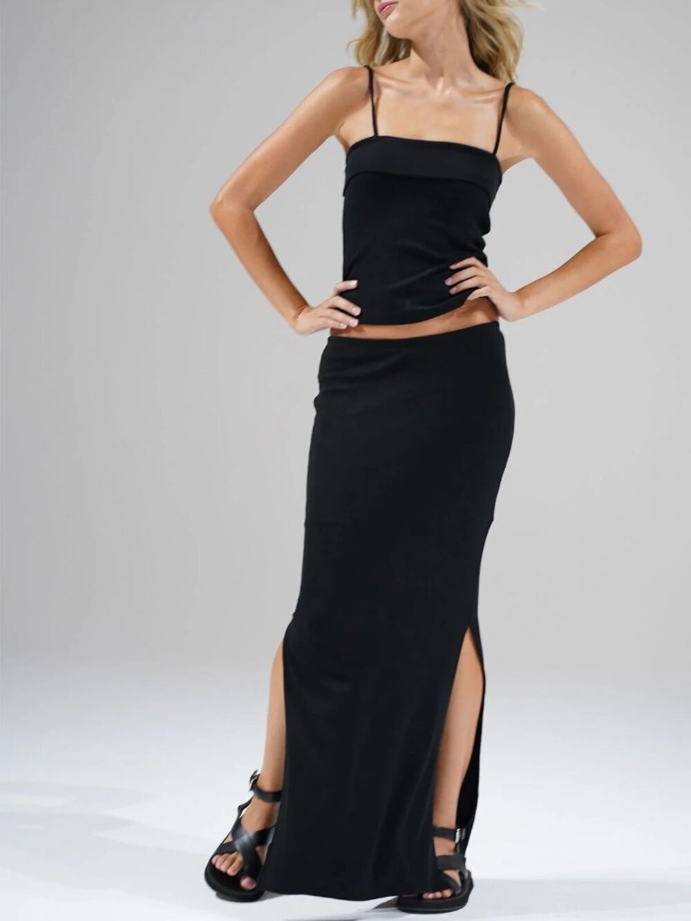 LNA Steph Black Ribbed Jersey Bodycon Maxi Skirt, Size XS